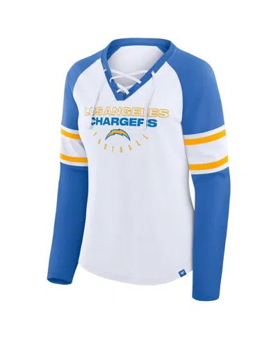 Fanatics Women's White/powder Blue Los Angeles Chargers Redzone Blitz Package Raglan Lace-up V-neck Long Slee In Multi