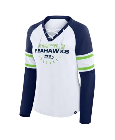 Fanatics Women's White/college Navy Seattle Seahawks Redzone Blitz Package Raglan Lace-up V-neck Long Sleeve  In Blue