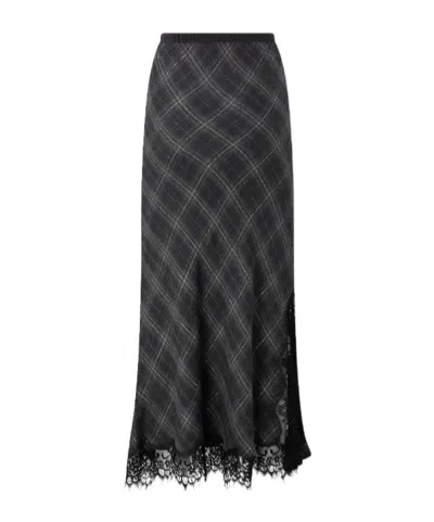 Pinko Plaid Skirt With Lace Trim And Side Slit In Black