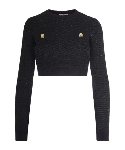 Elisabetta Franchi Textured Knit Cropped Sweater With Jewel-button Pockets In Black