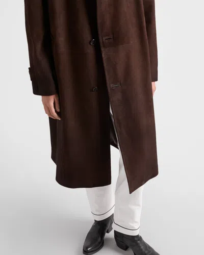 Prada Suede Coat In Brown