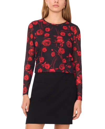 1.state Floral Mesh Long Sleeve Top In Red