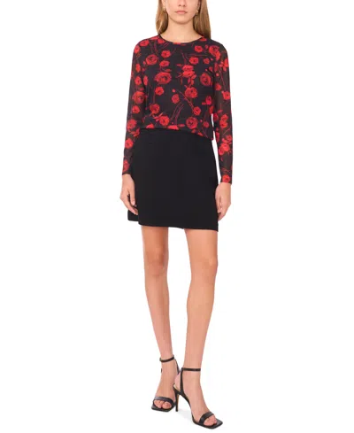 1.state Floral Mesh Long Sleeve Top In Red