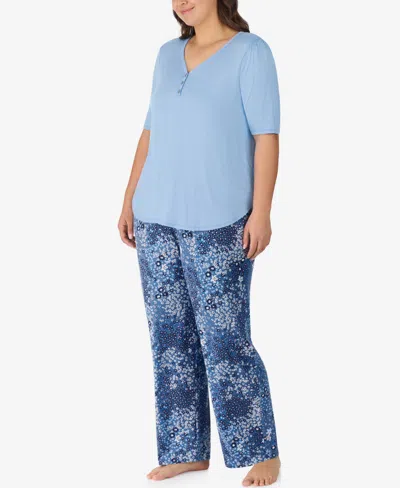 Ellen Tracy Plus Size 2-piece V-neck Top And Pants Pajama Set In Blue