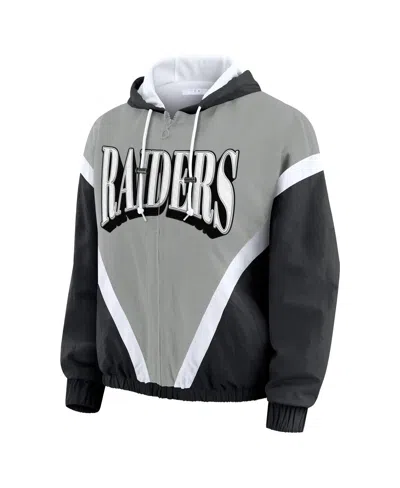 Wear By Erin Andrews Women's Black/silver Las Vegas Raiders Retro Crinkle Full-zip Hoodie Windbreaker In Multi