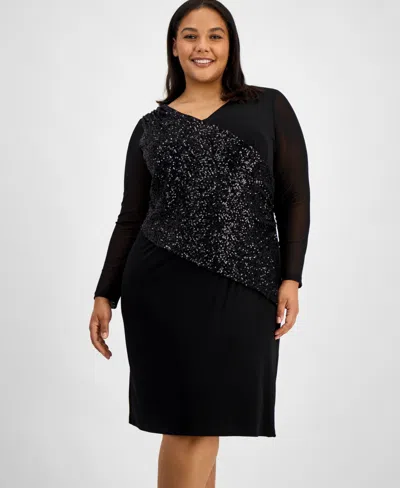 Connected Plus Size Asymmetric Sequin Panel Dress In Black