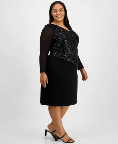 Connected Plus Size Asymmetric Sequin Panel Dress In Black