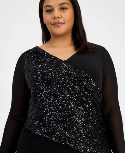 Connected Plus Size Asymmetric Sequin Panel Dress In Black