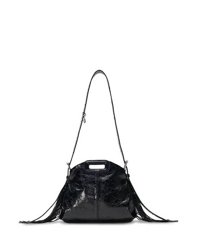 Maje Mini Miss M Fringe-trimmed Leather Shoulder Bag In Black