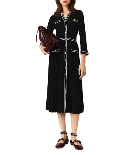 Maje Womens Pleated V-neck Stretch-knit Midi Dress Black