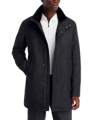 Herno Diagonal Wool & Nylon Overcoat With Removable Faux Fur Collar In Black