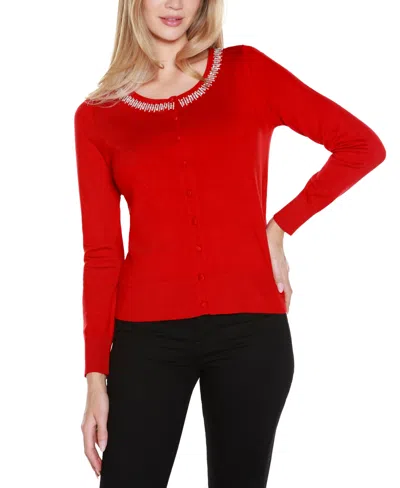 Belldini Plus Size Embellished Neckline Cardigan Sweater In Red