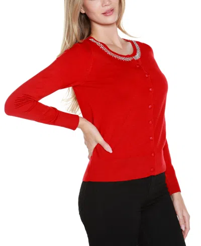 Belldini Plus Size Embellished Neckline Cardigan Sweater In Red