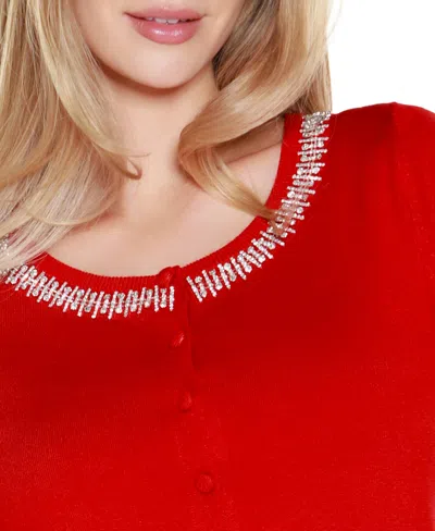 Belldini Plus Size Embellished Neckline Cardigan Sweater In Red