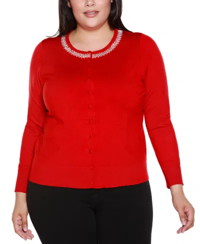 Belldini Plus Size Embellished Neckline Cardigan Sweater In Red
