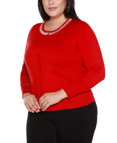 Belldini Plus Size Embellished Neckline Cardigan Sweater In Red