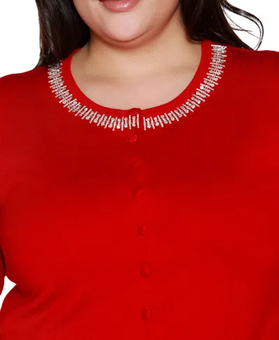 Belldini Plus Size Embellished Neckline Cardigan Sweater In Red