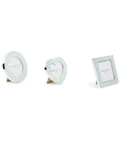 Mackenzie-childs Mackenzie Childs Set Of Three Celebrate Baby Blue Assorted Frames In White