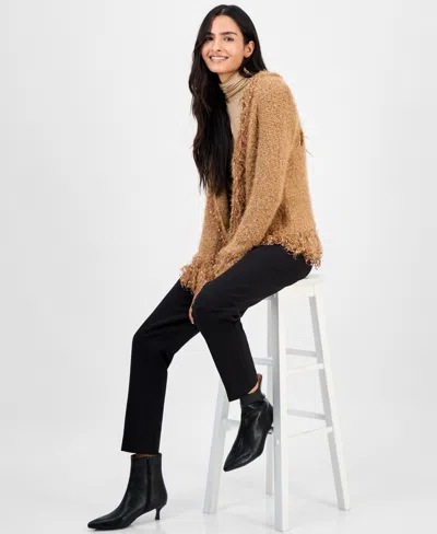 Anne Klein Women's Collarless Open-front Fringe-trim Cardigan In Brown