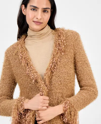 Anne Klein Women's Collarless Open-front Fringe-trim Cardigan In Brown