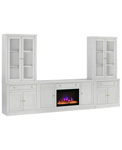 Macy's Furniture Amren 65" Wood 2 Door Console And 2 Door Hutches With 2 Door Bases With Drawers And Firepl In White