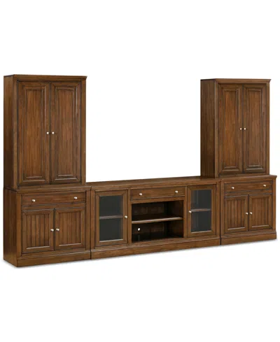 Macy's Furniture Amren 65" Wood 2 Door Console With 2 Door Hutches And 2 Door Bases With Drawers And Firepl In Brown