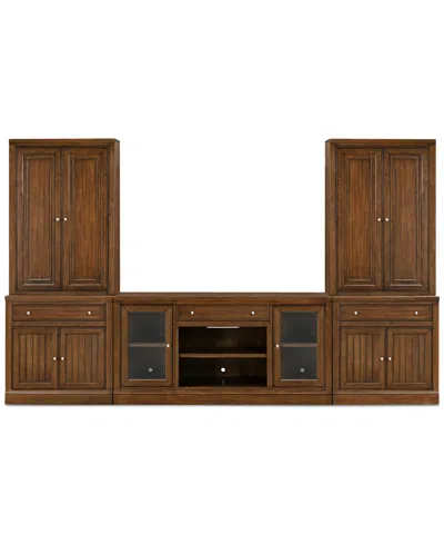 Macy's Furniture Amren 65" Wood 2 Door Console With 2 Door Hutches And 2 Door Bases With Drawers And Firepl In Brown