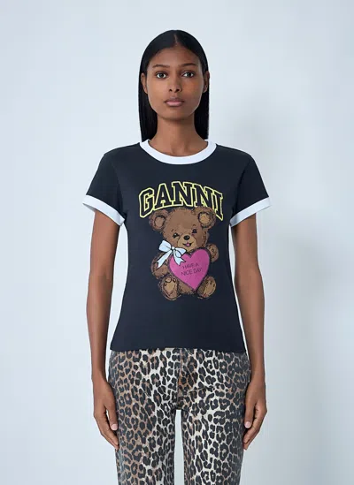 Ganni Graphic Print Crew Neck Short Sleeve Top In Blue