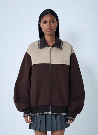 Miu Miu Knitted-cuffs Zip-front Sweatshirt In Brown