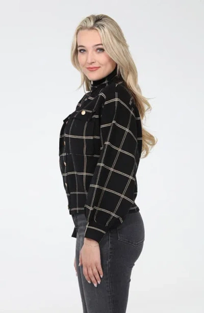 Rain And Rose Windowpane Mock Neck Snap Jacket In Black
