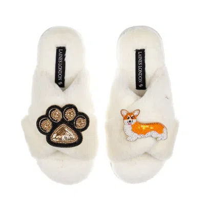 Laines London Women's Neutrals / White Classic Laines Slippers With Paw & Corgi Brooches - Cream In White