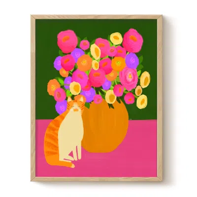 The Paper Tail Ginger Cat And Roses - Art Print - Medium In Multi