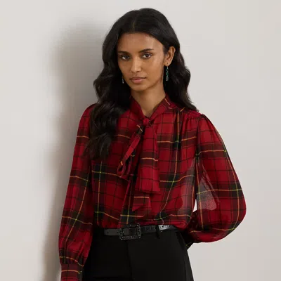 Ralph Lauren Womens Plaid Tie Neck Blouse P Xs Xxl In Red