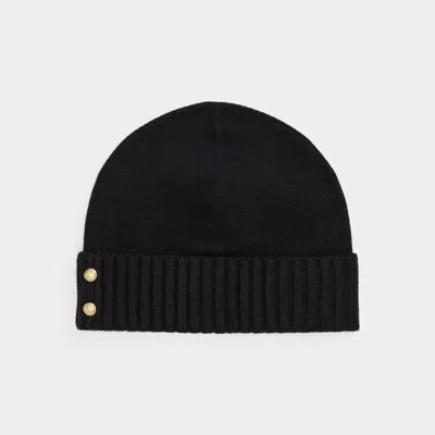 Ralph Lauren Ribbed Button Beanie Hat In Black