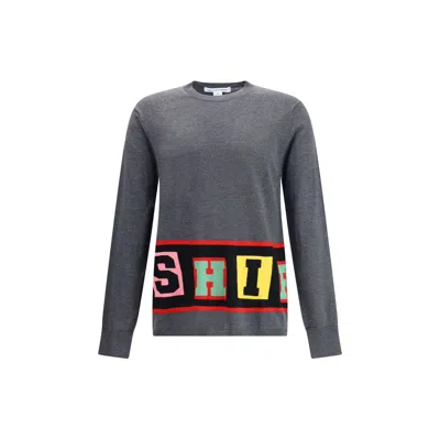 Comme Des Garçons Bold Intarsia Knit Sweater With Cuffed Sleeves In Gray