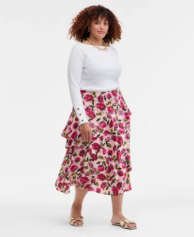 On 34th Trendy Plus Size Floral-print Tiered Midi Skirt, Macy's Exclusive In Multi
