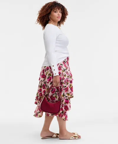 On 34th Trendy Plus Size Floral-print Tiered Midi Skirt, Macy's Exclusive In Multi