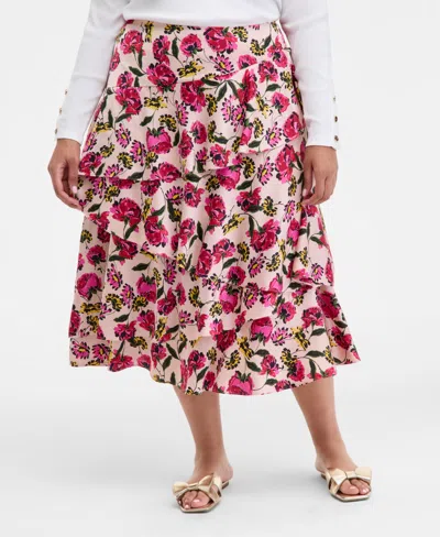 On 34th Trendy Plus Size Floral-print Tiered Midi Skirt, Macy's Exclusive In Multi