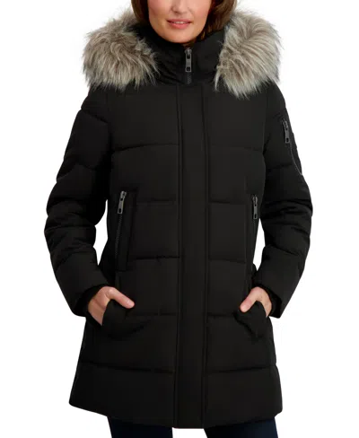 Nautica Women's Faux-fur-trim Hooded Puffer Coat In Black