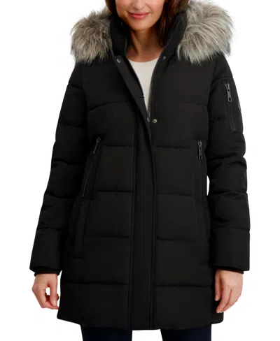 Nautica Women's Faux-fur-trim Hooded Puffer Coat In Black