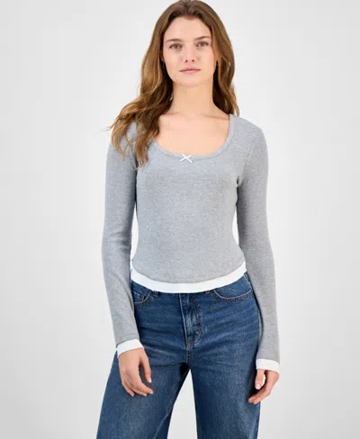 Self Esteem Juniors' Ribbed Layered-look Long-sleeve With Bow In Gray