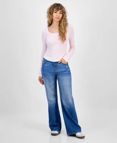 Self Esteem Juniors' Ribbed Layered-look Long-sleeve With Bow In Neutral