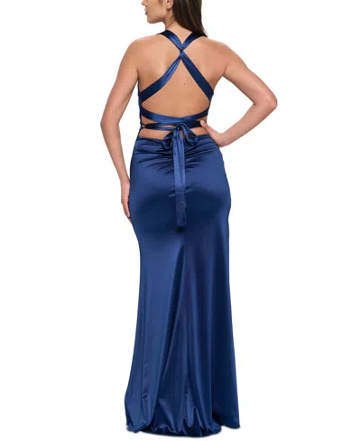 B Darlin Juniors' Strappy-back Satin Gown, Created For Macy's In Blue