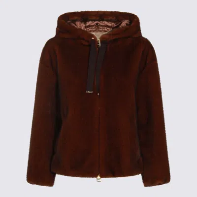 Herno Dark Brown Faux Fur Bomber Jacket With Custom Drawstring Hood In Red