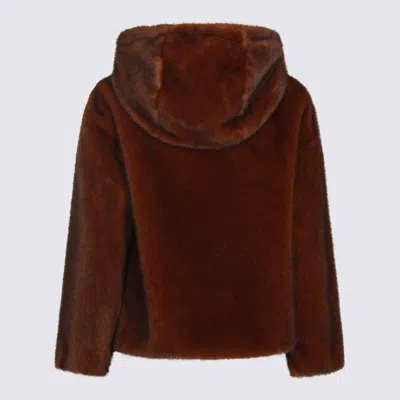 Herno Dark Brown Faux Fur Bomber Jacket With Custom Drawstring Hood In Red