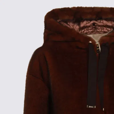Herno Dark Brown Faux Fur Bomber Jacket With Custom Drawstring Hood In Red