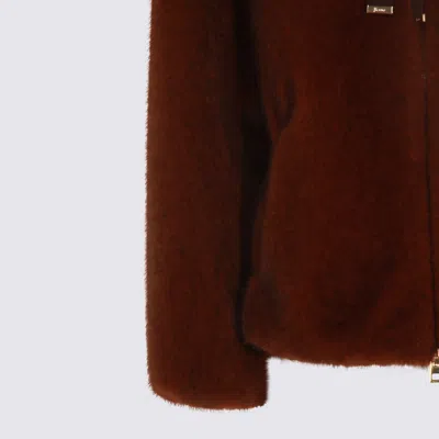 Herno Dark Brown Faux Fur Bomber Jacket With Custom Drawstring Hood In Red