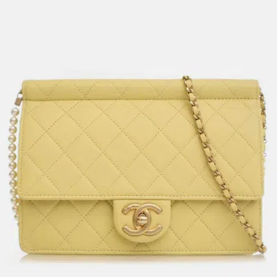 Pre-owned Chanel Medium Yellow Lambskin Chic Pearls Flap Bag