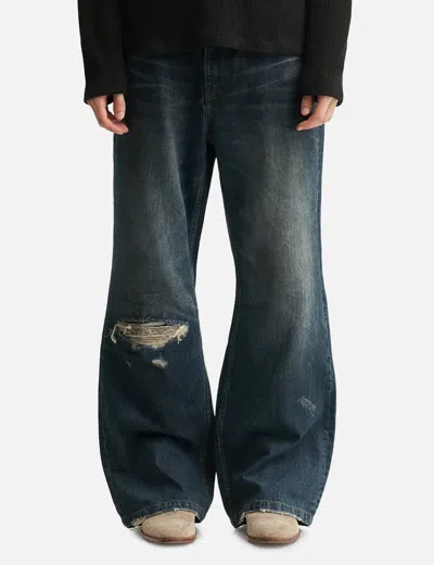 Coor Semi Flare Embossed Dirty Washed Jeans In Blue