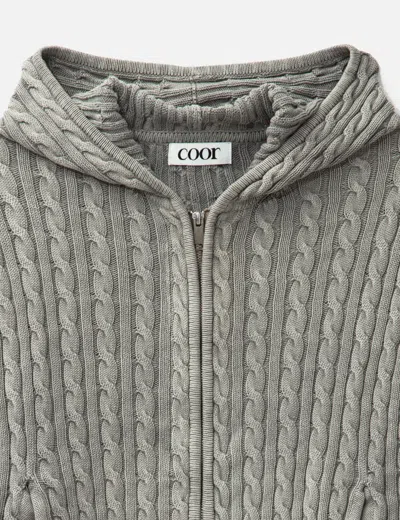 Coor Cotton Piece Dyed Cable Hoodie Zip-up In Gray